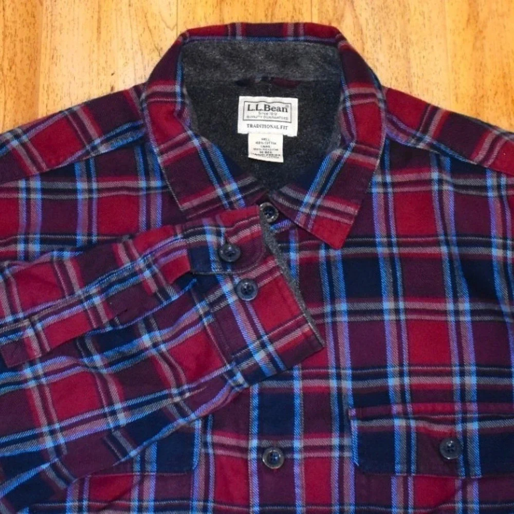 L.L. Bean Flannel Shacket Shirt Jacket Mens M Red Plaid Fleece Lined Traditional